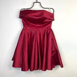 Strapless Satin Short Formal Dress Corset Lace Up Back Circle Skirt Red Womens 2